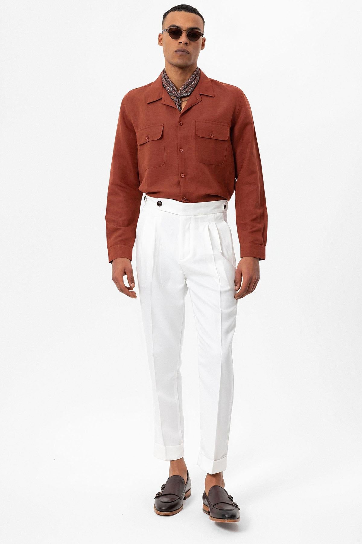 Men's Tile Camp Collar Linen Blend Long-Sleeve Shirt