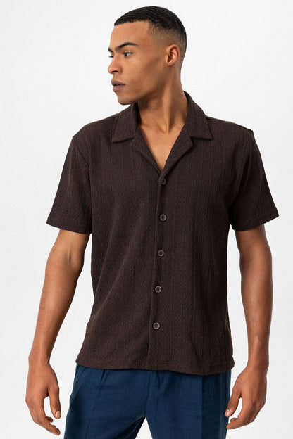 Men's Brown Camp Collar Knit Pattern Shirt