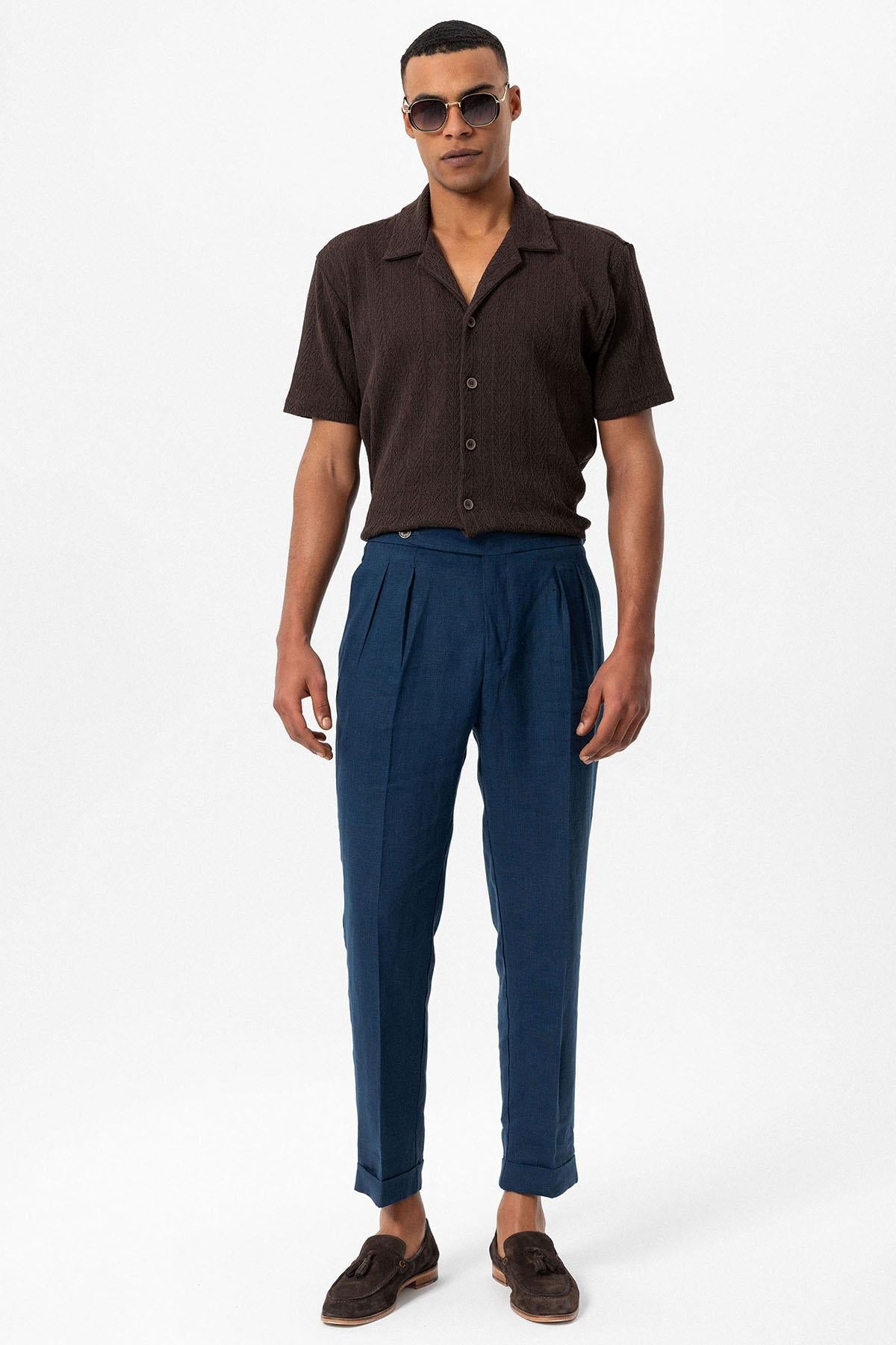 Men's Brown Camp Collar Knit Pattern Shirt