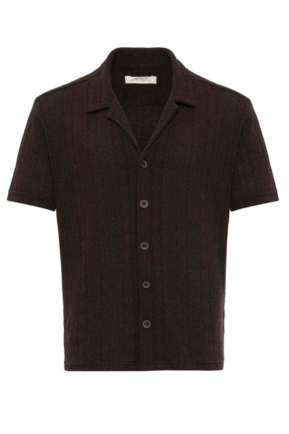 Men's Brown Camp Collar Knit Pattern Shirt
