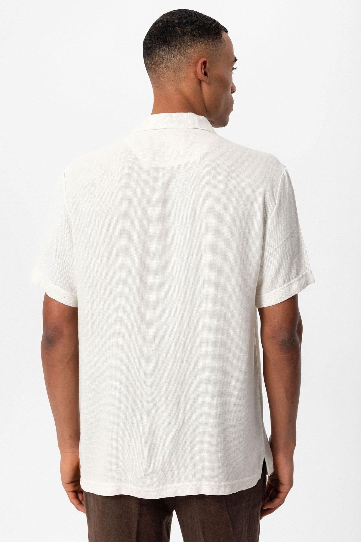 Men's Ecru Knit Textured Camp Collar Shirt