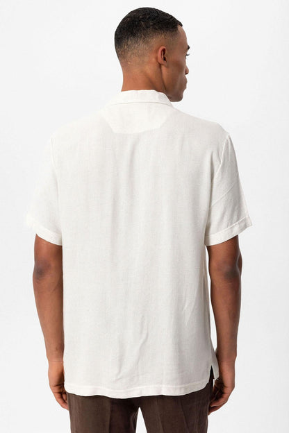 Men's Ecru Knit Textured Camp Collar Shirt