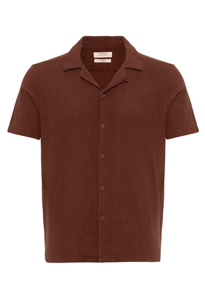Men's Brown Knit Textured Camp Collar Shirt