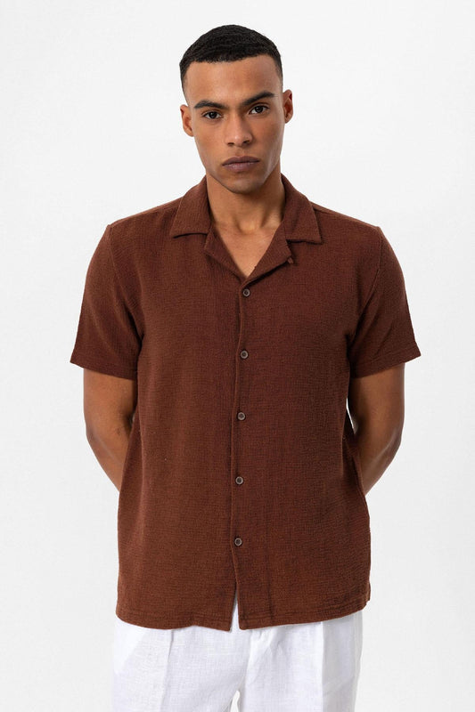 Men's Brown Knit Textured Camp Collar Shirt -