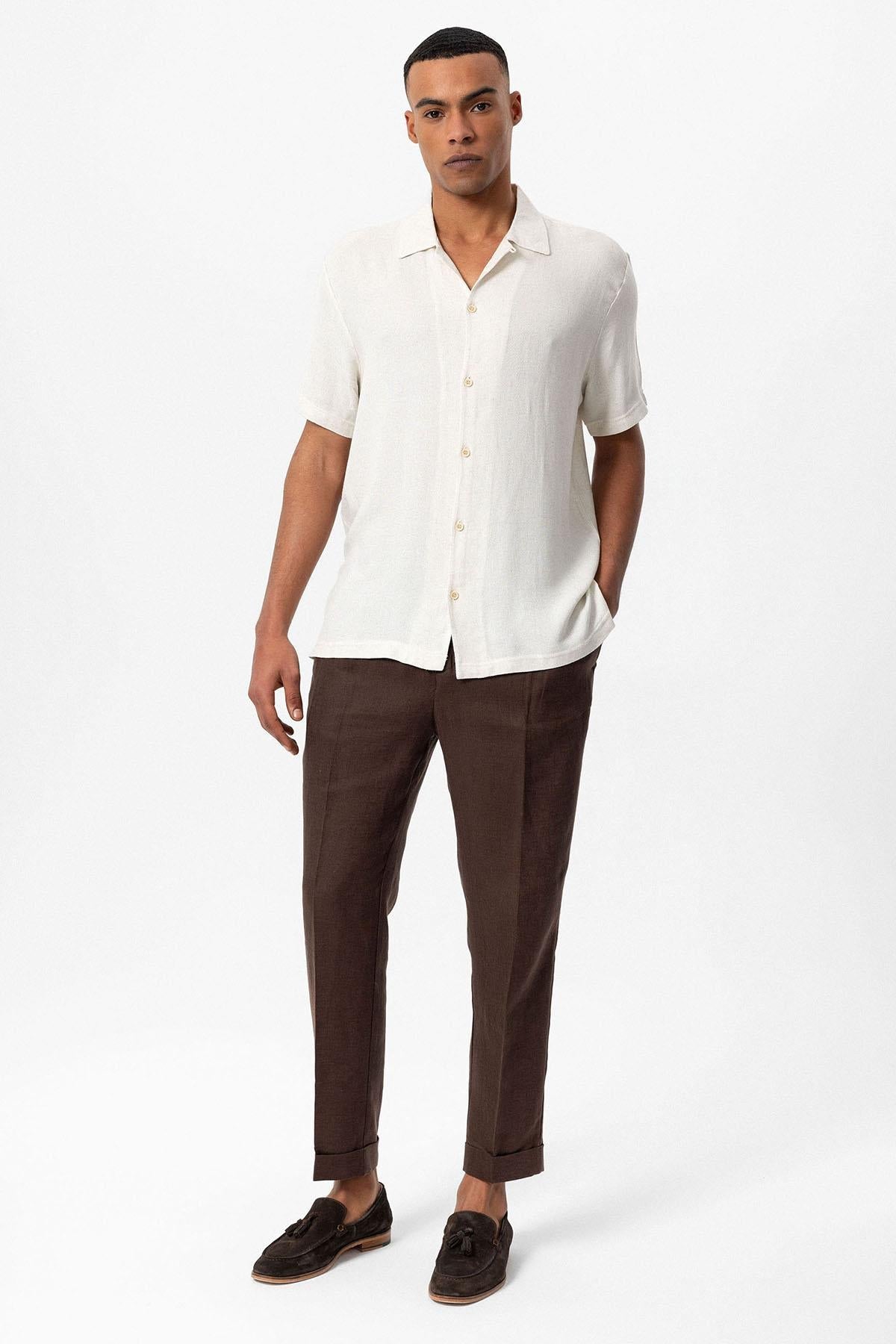 Men's Ecru Knit Textured Camp Collar Shirt