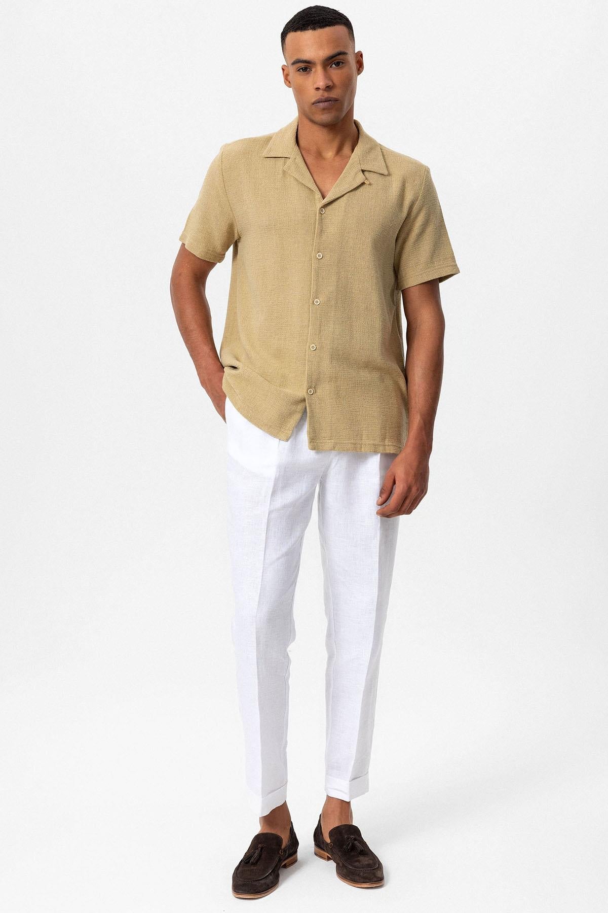 Men's Beige Knit Textured Camp Collar Shirt -
