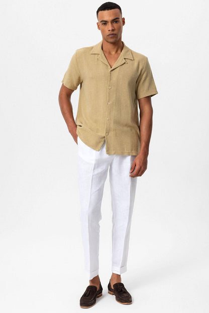 Men's Beige Knit Textured Camp Collar Shirt