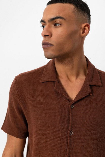 Men's Brown Knit Textured Camp Collar Shirt
