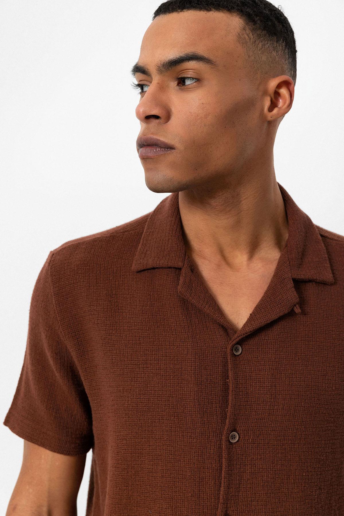 Men's Brown Knit Textured Camp Collar Shirt
