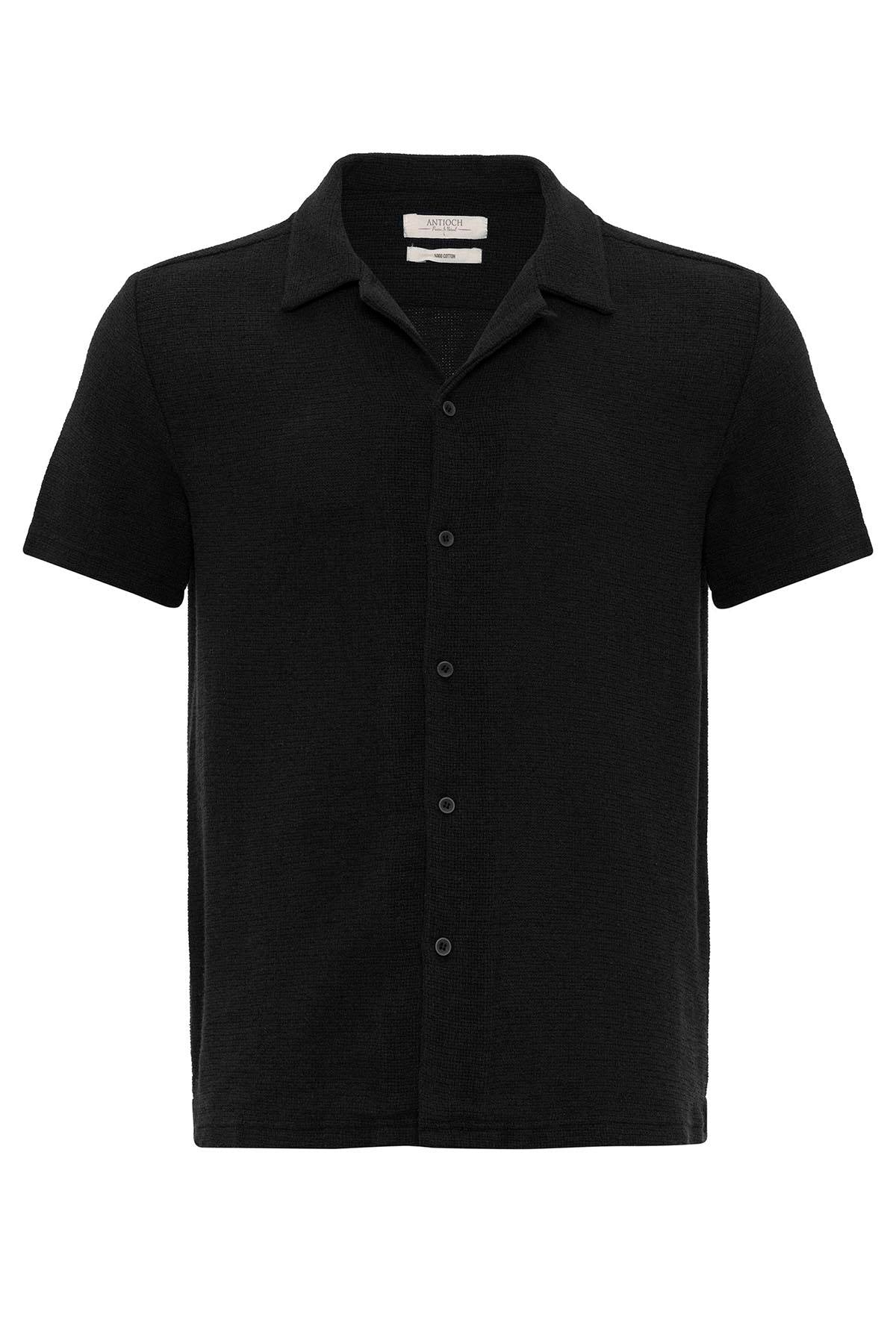 Men's Black Knit Textured Camp Collar Shirt