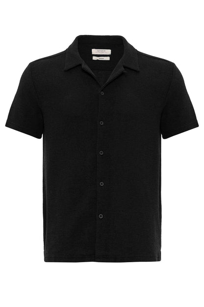 Men's Black Knit Textured Camp Collar Shirt