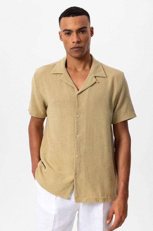 Men's Beige Knit Textured Camp Collar Shirt -