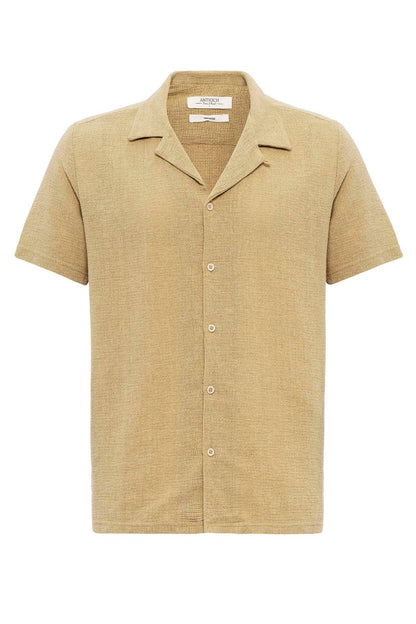 Men's Beige Knit Textured Camp Collar Shirt -