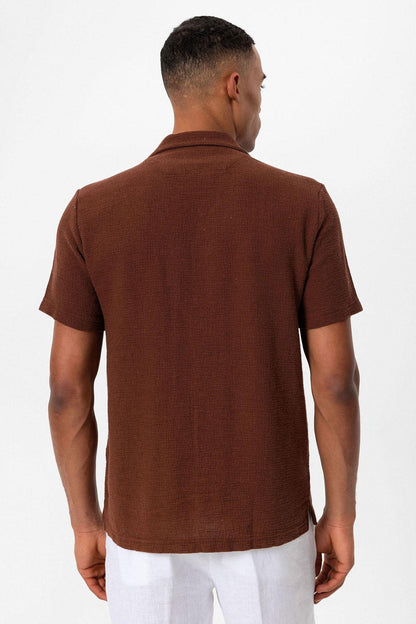 Men's Brown Knit Textured Camp Collar Shirt