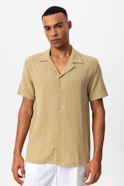 Men's Beige Knit Textured Camp Collar Shirt