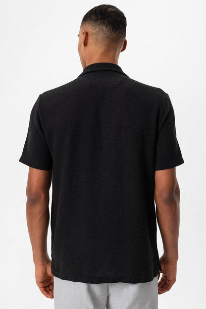 Men's Black Knit Textured Camp Collar Shirt -