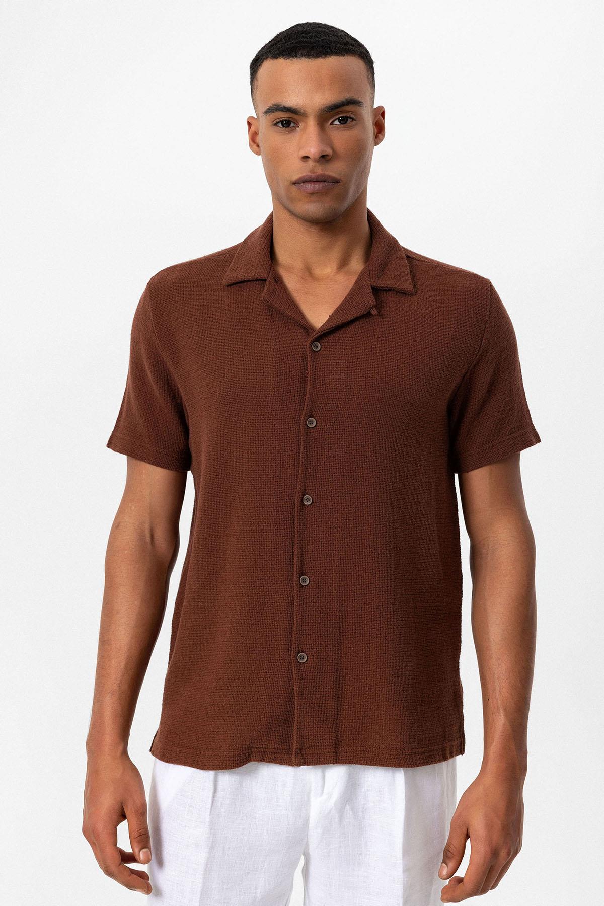 Men's Brown Knit Textured Camp Collar Shirt