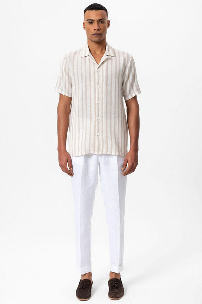 Men's Beige Camp Collar Knit Short-Sleeve Shirt -