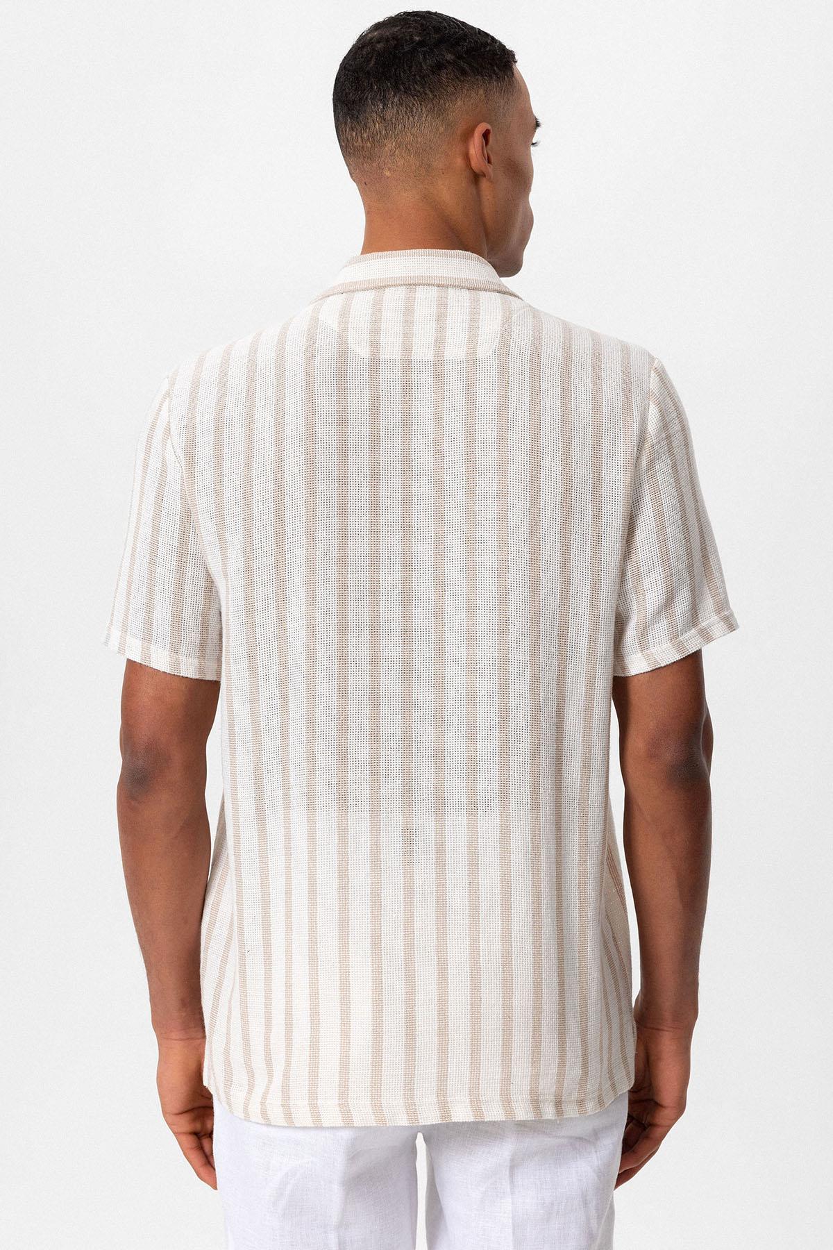 Men's Beige Camp Collar Knit Short-Sleeve Shirt -