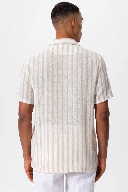 Men's Beige Camp Collar Knit Short-Sleeve Shirt