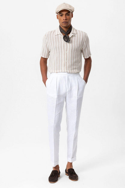 Men's Beige Camp Collar Knit Short-Sleeve Shirt -