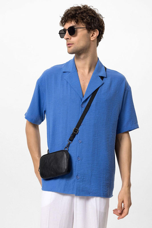 KOALA SYDNEY  Men's Sax Oversized Short Sleeve Shirt with Apach Collar -