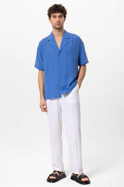 KOALA SYDNEY Men's Sax Oversized Short Sleeve Shirt with Apach Collar