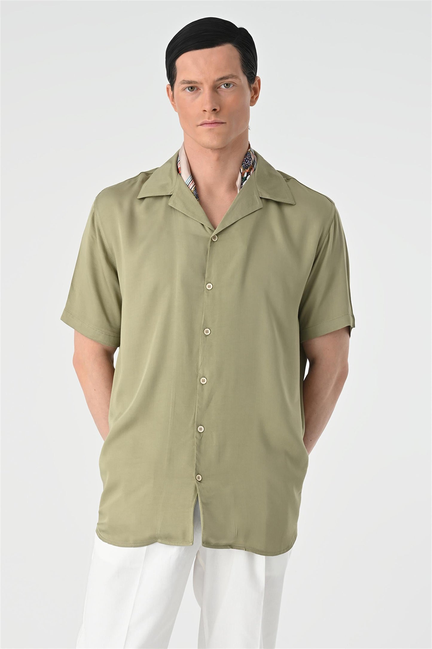 KOALA SYDNEY Men's Khaki Open Collar Oversized Short Sleeve Shirt