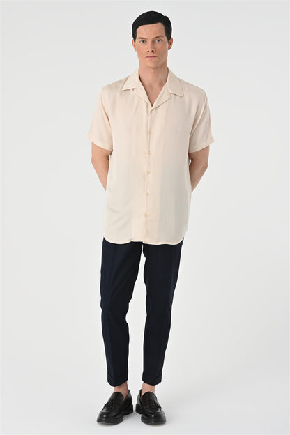 KOALA SYDNEY  Men's Beige Open Collar Oversized Short Sleeve Shirt -