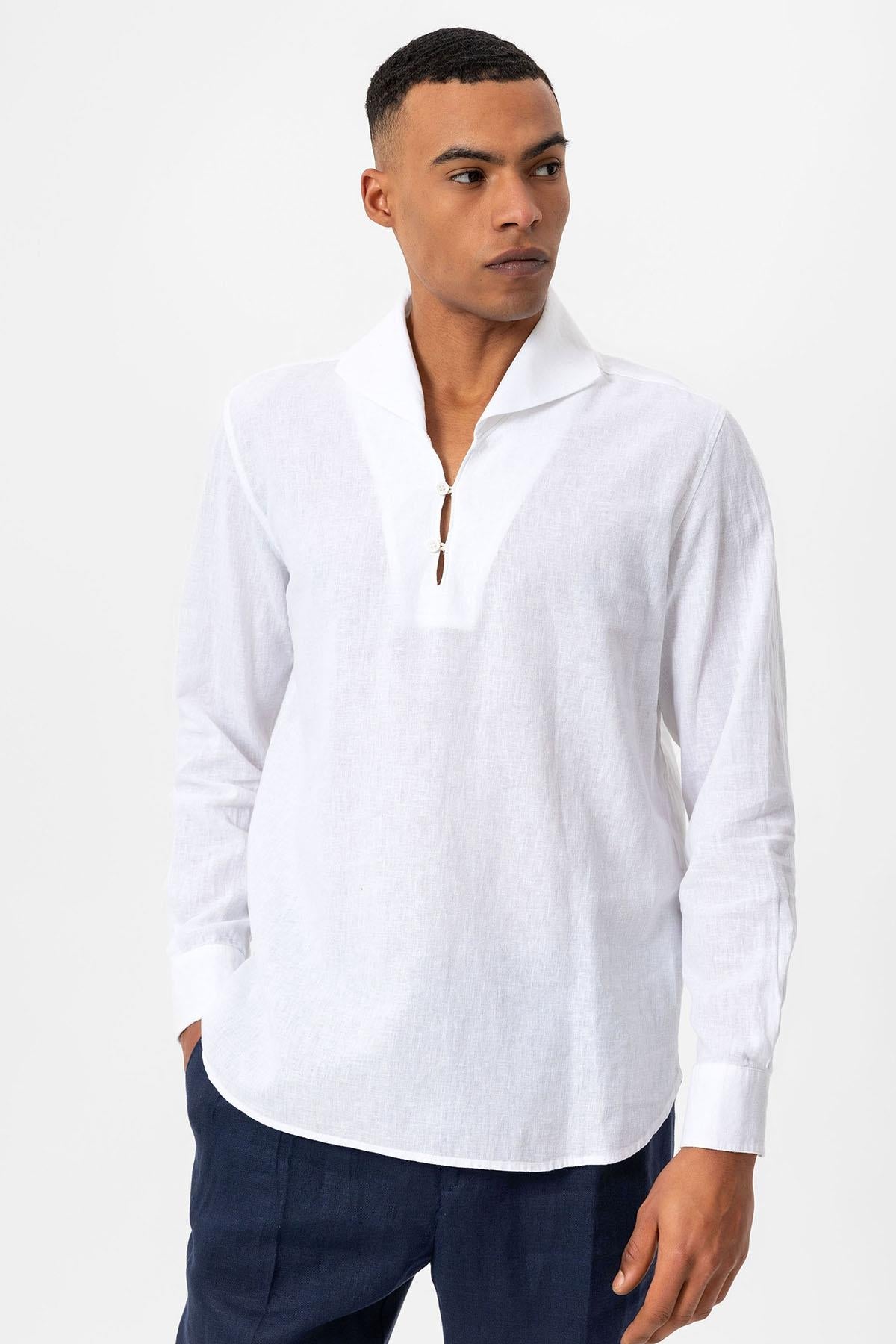 Men's White Camp Collar Button-Down Shirt