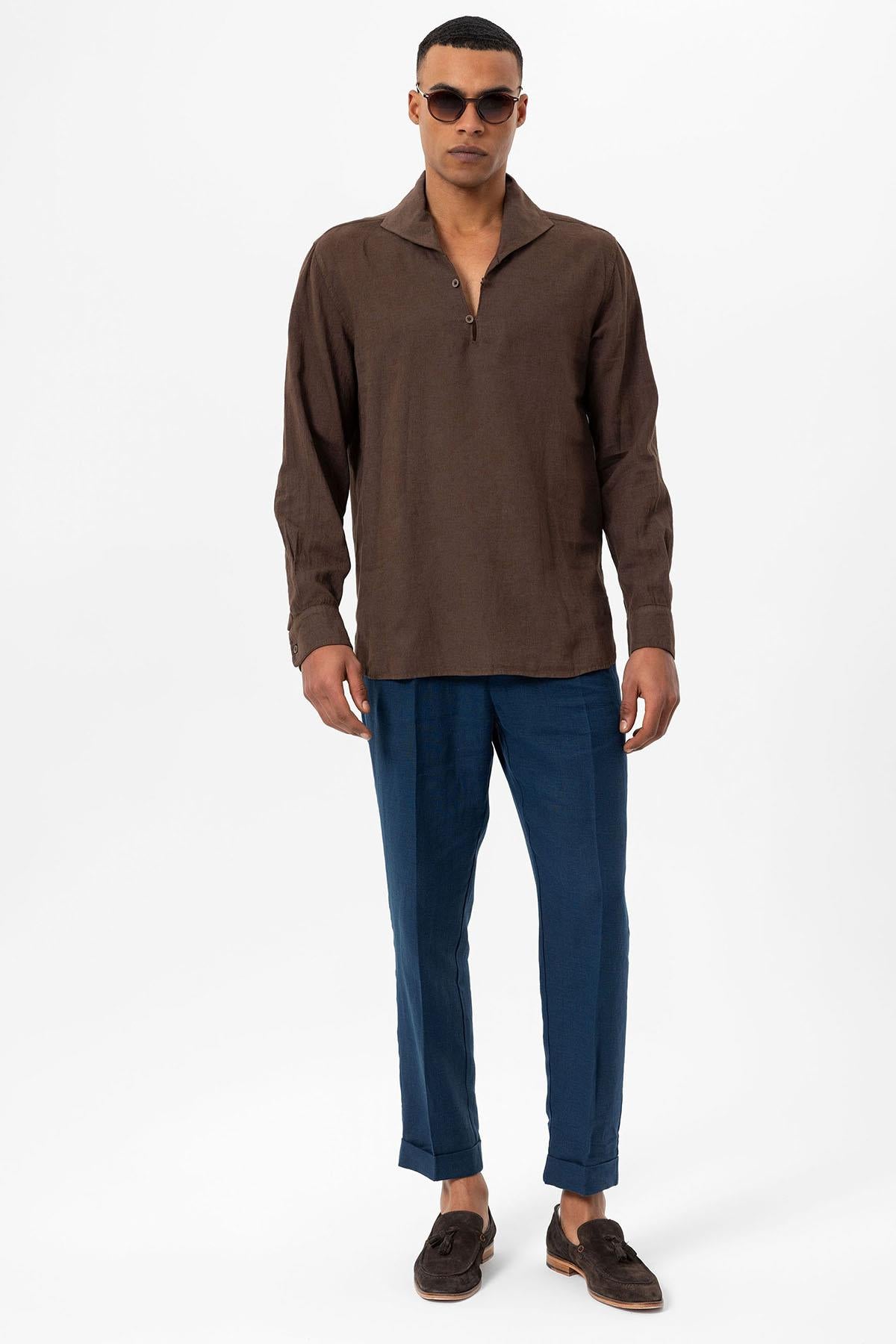 Men's Brown Camp Collar Button-Down Shirt