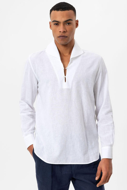 Men's White Camp Collar Button-Down Shirt -