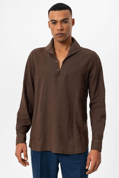 Men's Brown Camp Collar Button-Down Shirt