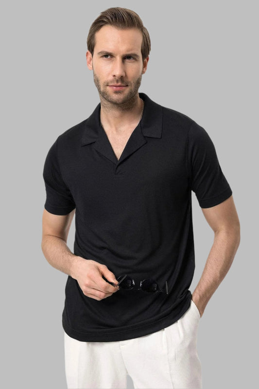 Men's Black Camp Collar Regular Fit T-Shirt