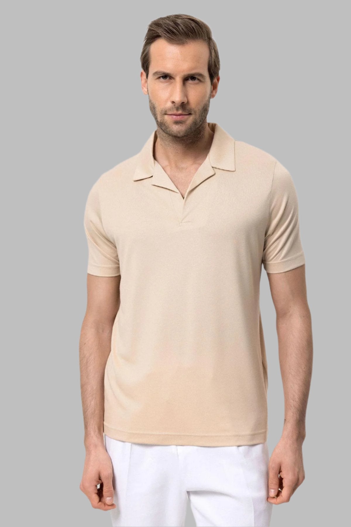 Men's Beige Camp Collar Regular Fit T-Shirt