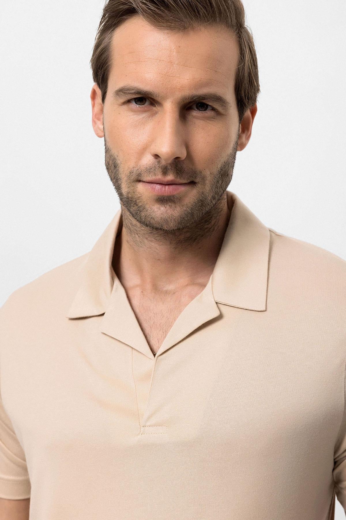 Men's Beige Camp Collar Regular Fit T-Shirt