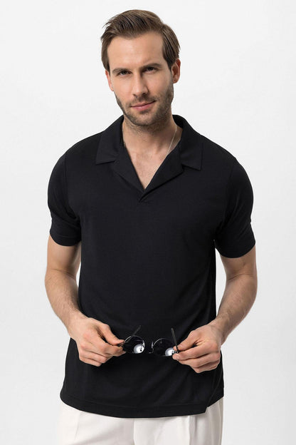 Men's Black Camp Collar Regular Fit T-Shirt
