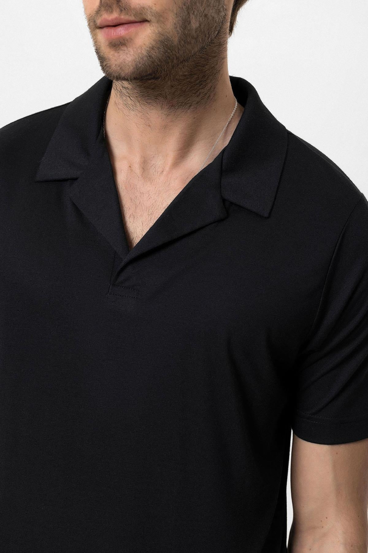 Men's Black Camp Collar Regular Fit T-Shirt