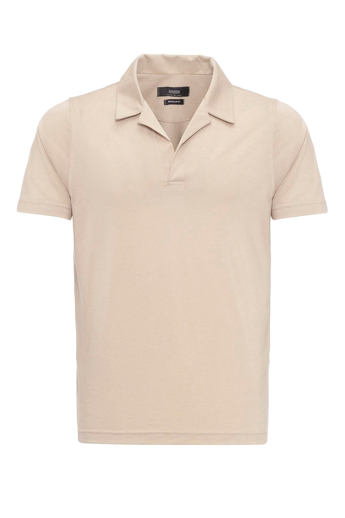 Men's Beige Camp Collar Regular Fit T-Shirt