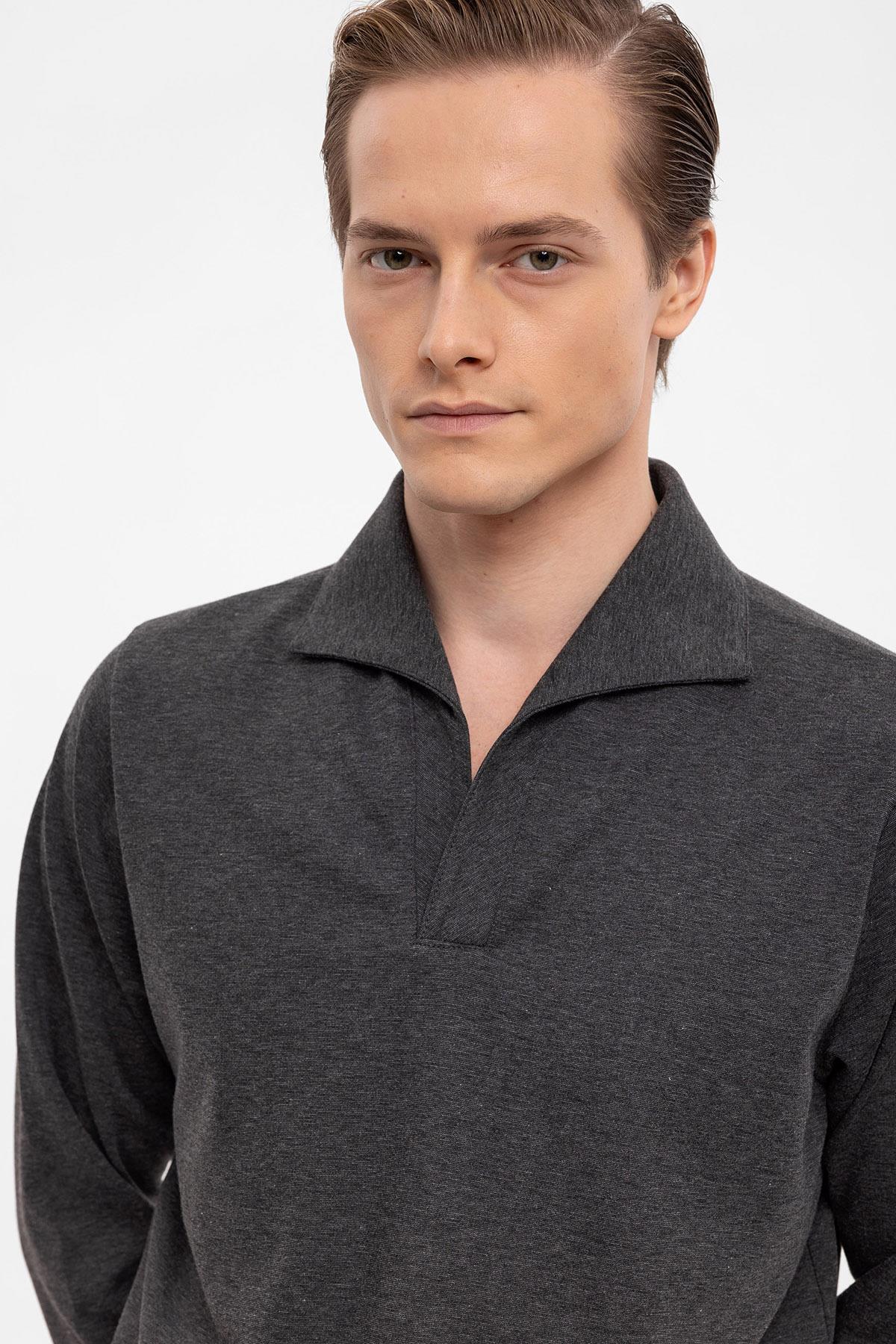 Men's Anthracite Camp Collar Regular Fit Long Sleeve Sweater