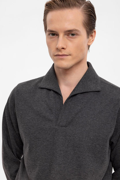Men's Anthracite Camp Collar Regular Fit Long Sleeve Sweater