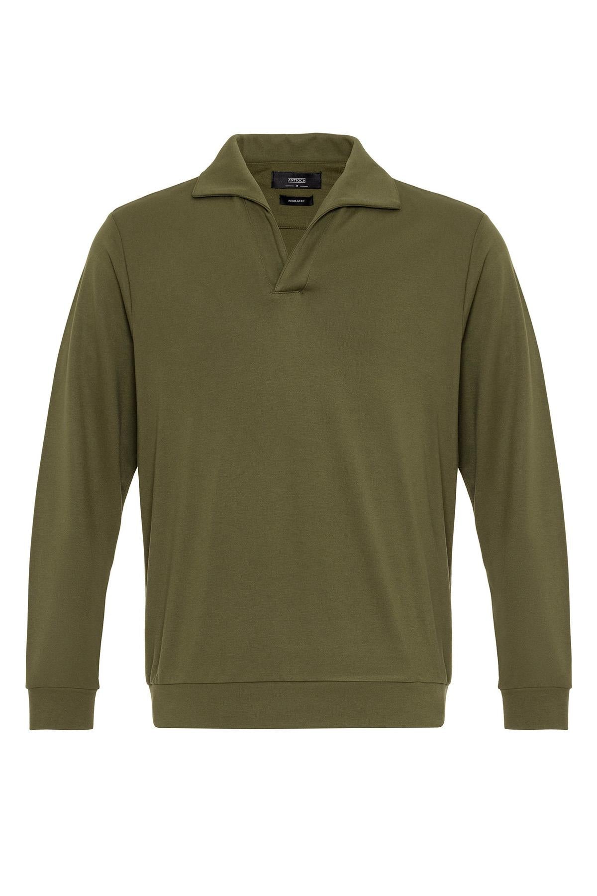 Men's Green Camp Collar Regular Fit Long Sleeve Sweater