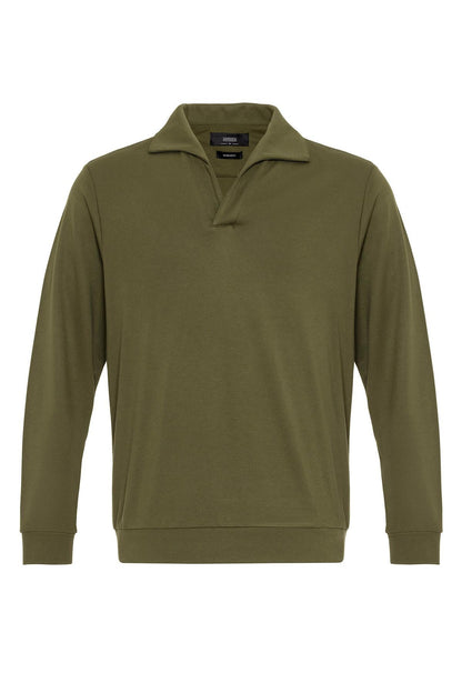 Men's Green Camp Collar Regular Fit Long Sleeve Sweater