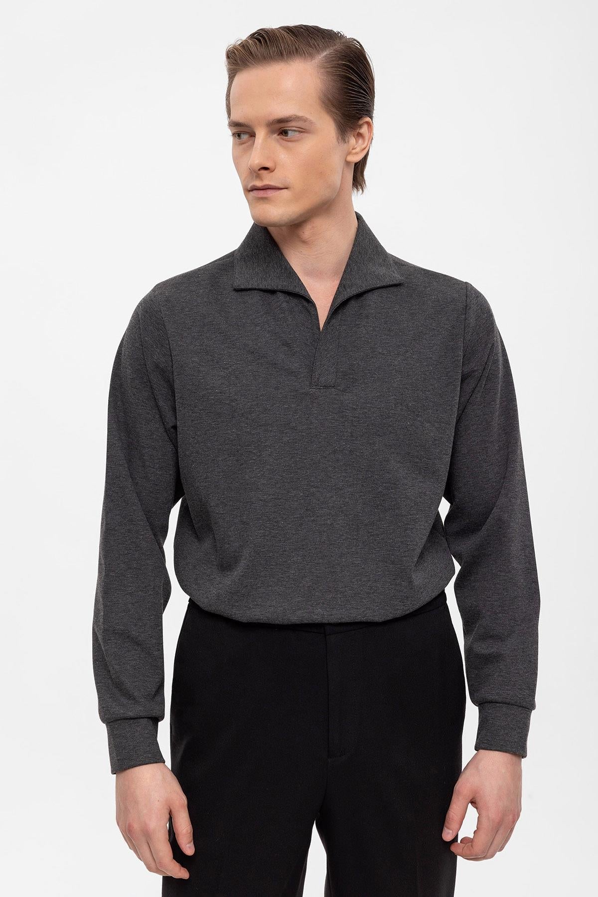 Men's Anthracite Camp Collar Regular Fit Long Sleeve Sweater