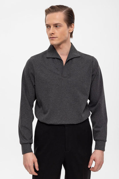 Men's Anthracite Camp Collar Regular Fit Long Sleeve Sweater