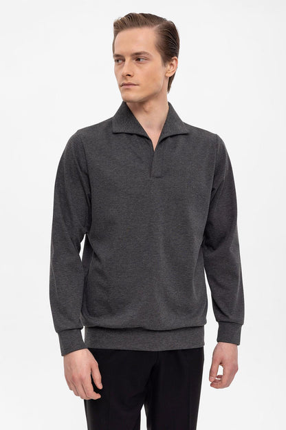 Men's Anthracite Camp Collar Regular Fit Long Sleeve Sweater