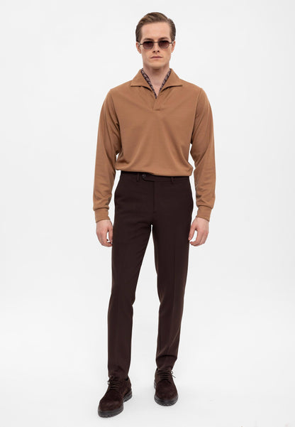 Men's Tan Camp Collar Regular Fit Long Sleeve Sweater