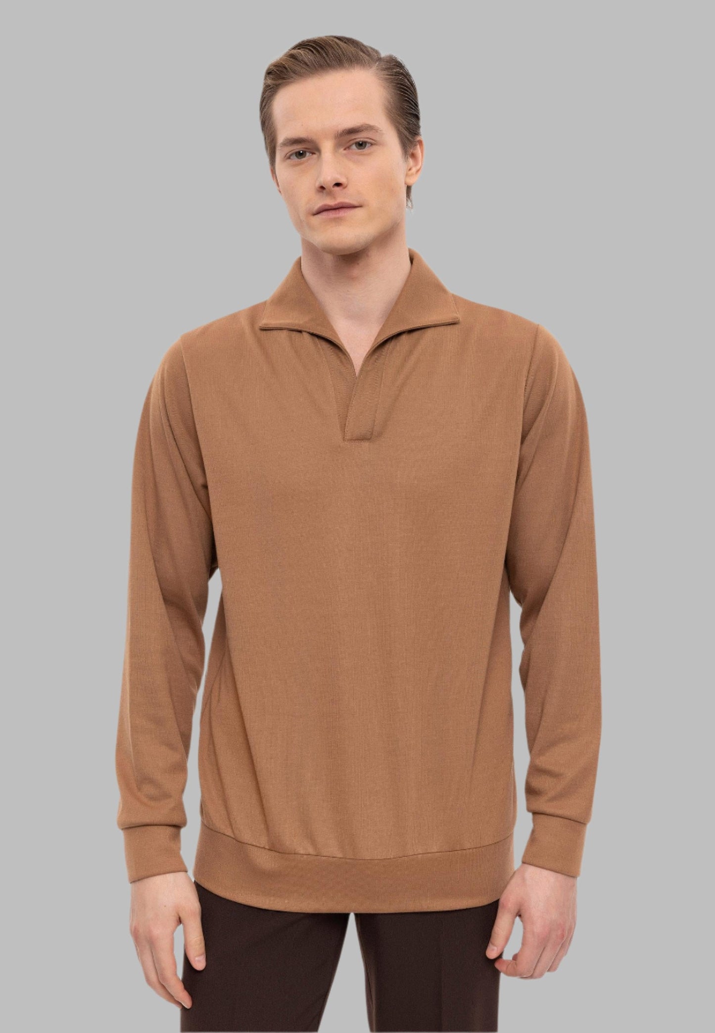 Men's Tan Camp Collar Regular Fit Long Sleeve Sweater
