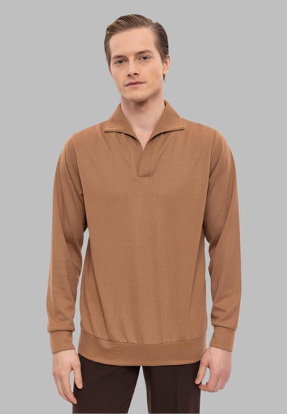 Men's Tan Camp Collar Regular Fit Long Sleeve Sweater