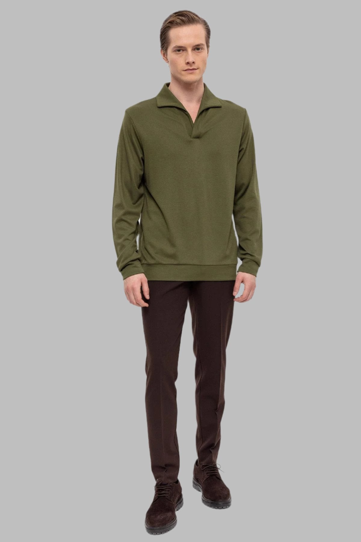 Men's Green Camp Collar Regular Fit Long Sleeve Sweater